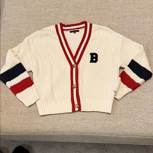 Love Tree Cream Collegiate Sweater with Red Stripe Trim